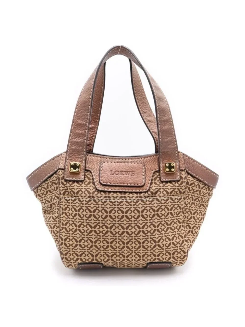 Loewe New Line Tote Brown Beige Leather Canvas Gold